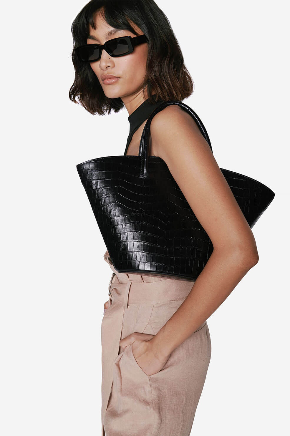 Anine Bing Mini Holland Bag in Black Croco
