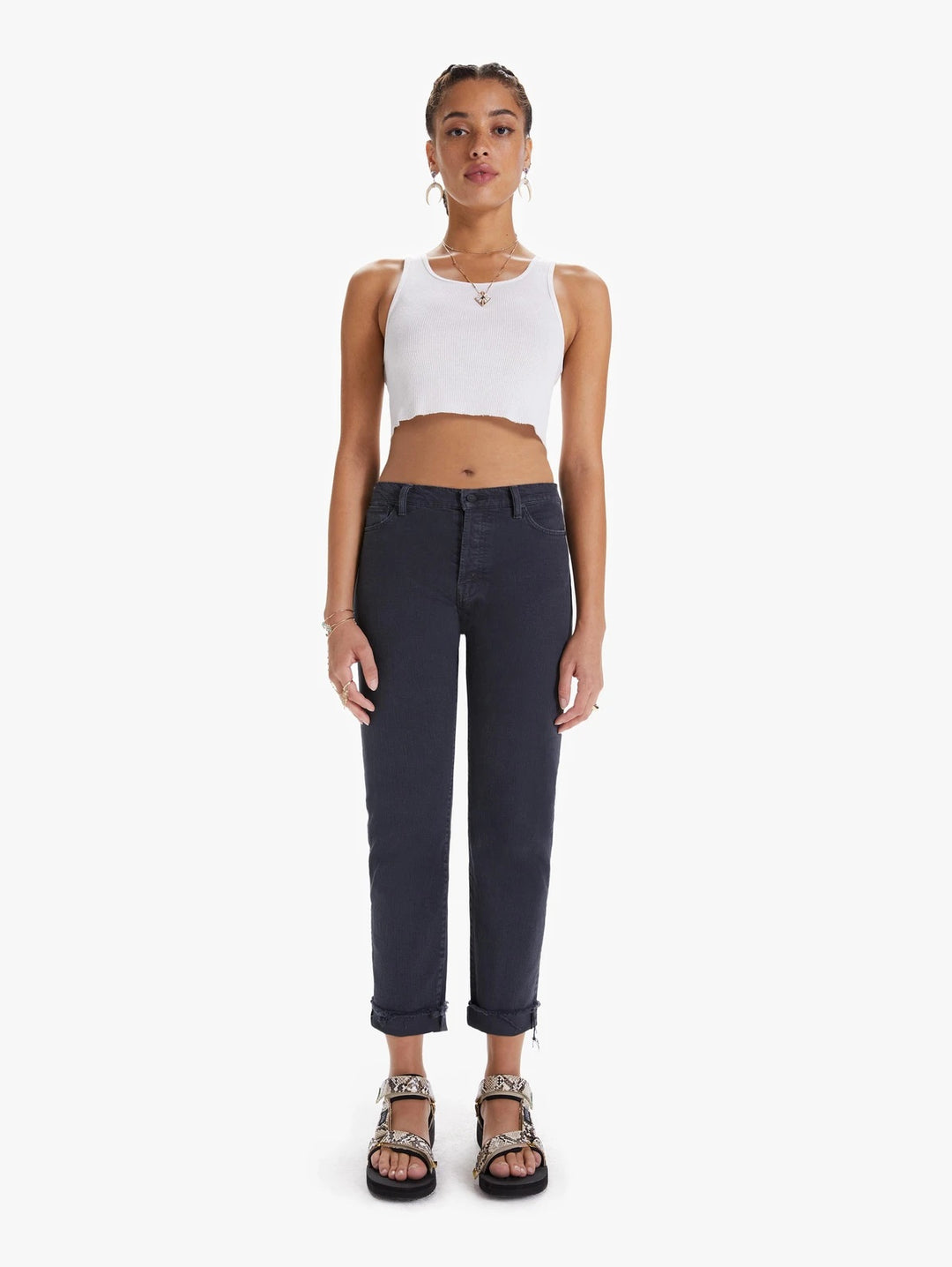 Mother - The Scrapper Cuff Ankle Fray in Faded Black Denim