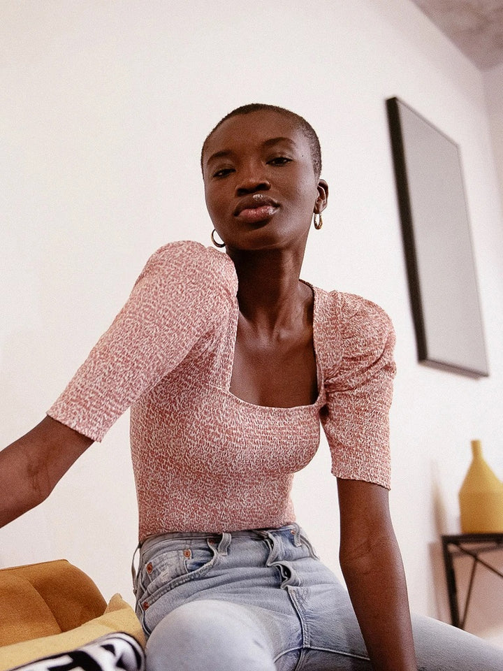 Nation LTD - Zandra Smocked Party Tee in Blushing Cheetah Tops