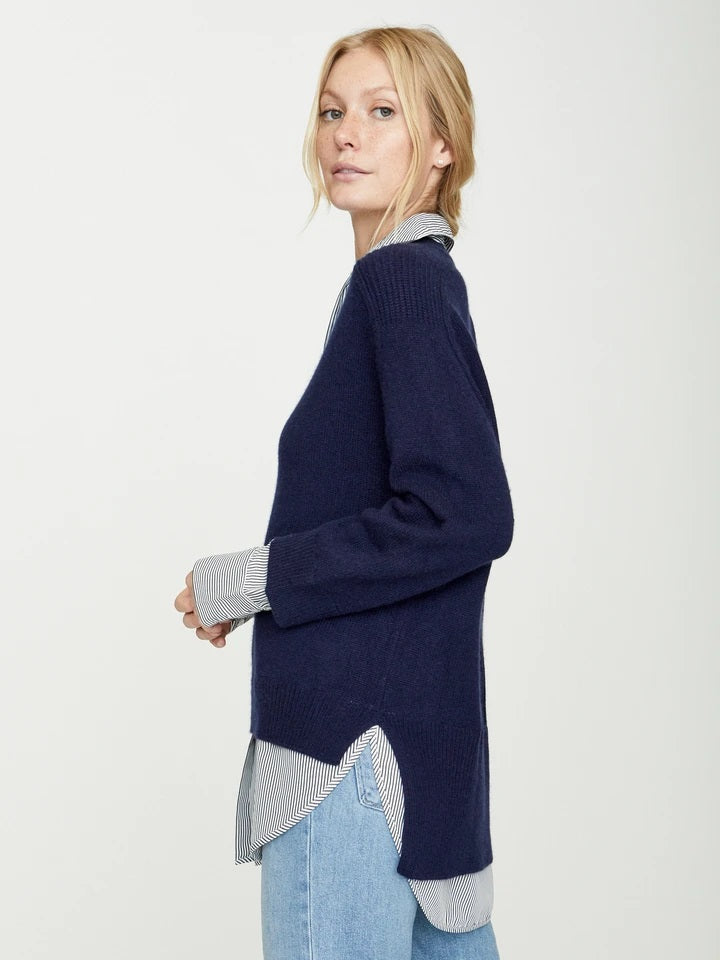 Brochu Walker - The Looker Printed Layered V Neck Sweater in Navy with Stripe Woven