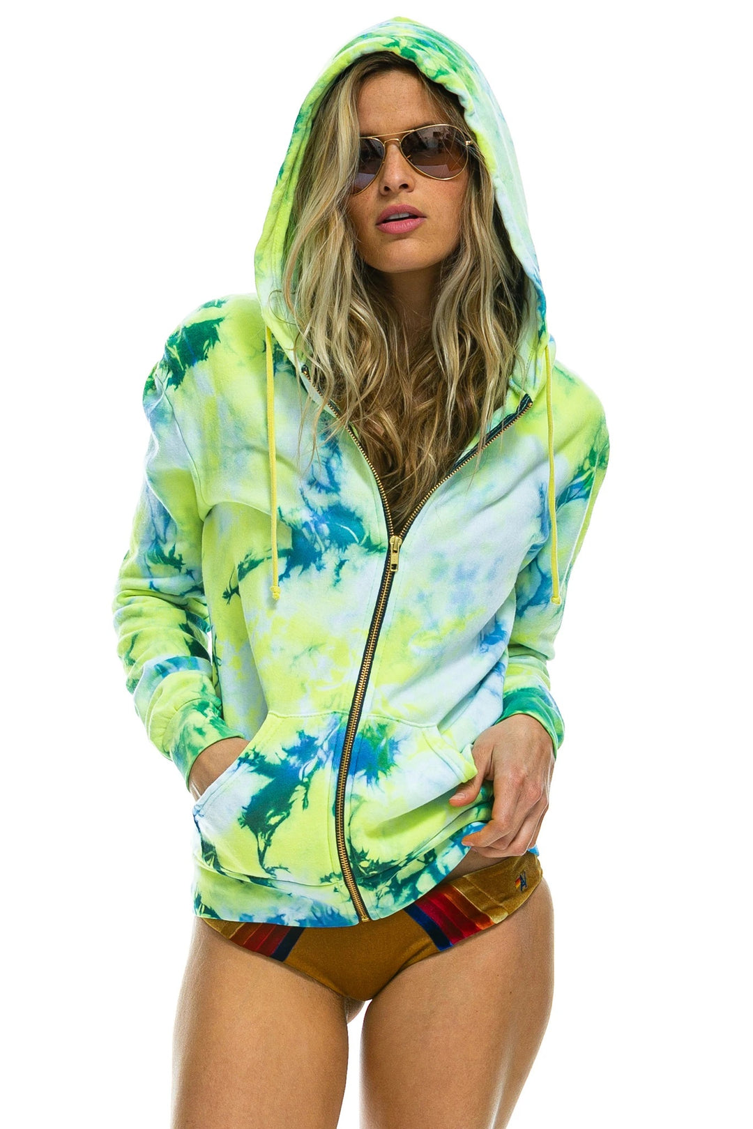Aviator Nation - Hand-Dyed Zip Hoodie in Tie Dye Neon Yellow