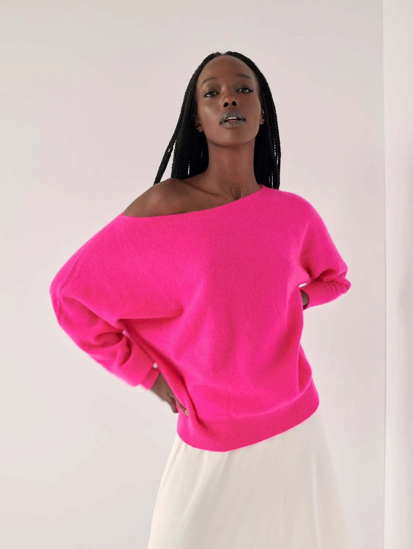 White + Warren - Off Shoulder Crew Neck Sweater in Radiant Pink | Blond  Genius