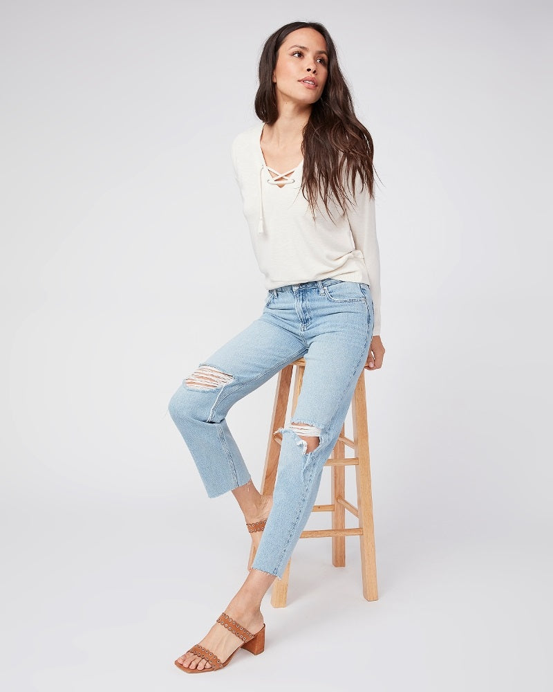 Paige Premium Denim - Noella Straight Leg Jeans w/ Raw Hem in Doretta Destructed Denim