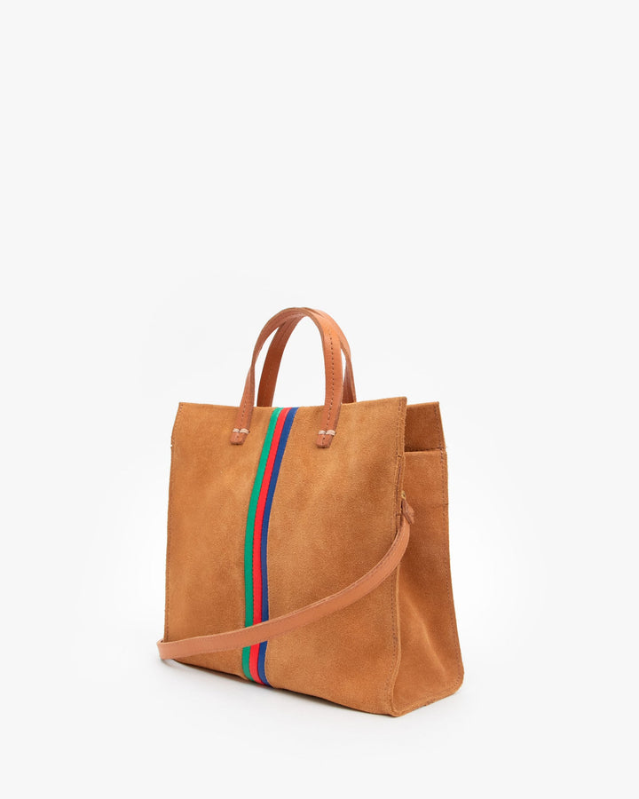 Clare V. - Petit Simple Tote in Camel Suede w/ Pacific, Cherry Red & Emerald Italian Nappa Mini Stripes