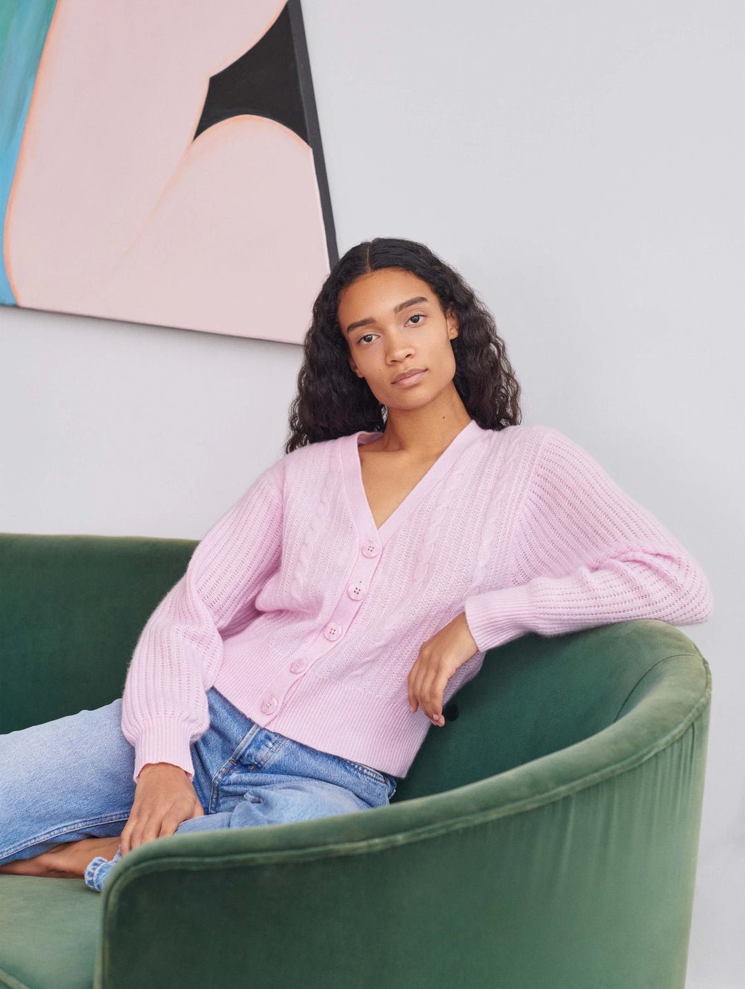 White + Warren - Blouson Sleeve Cable Cardigan in Pink Tourmaline