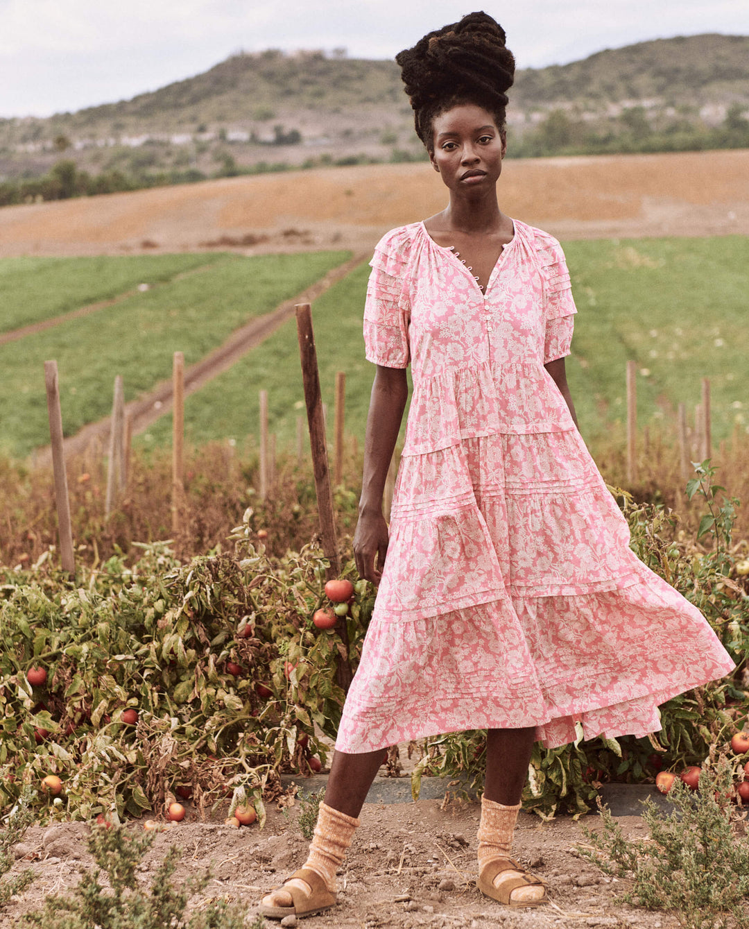 The Great - The Pleated Ravine Dress in Bright Rouge Wild Brush Floral