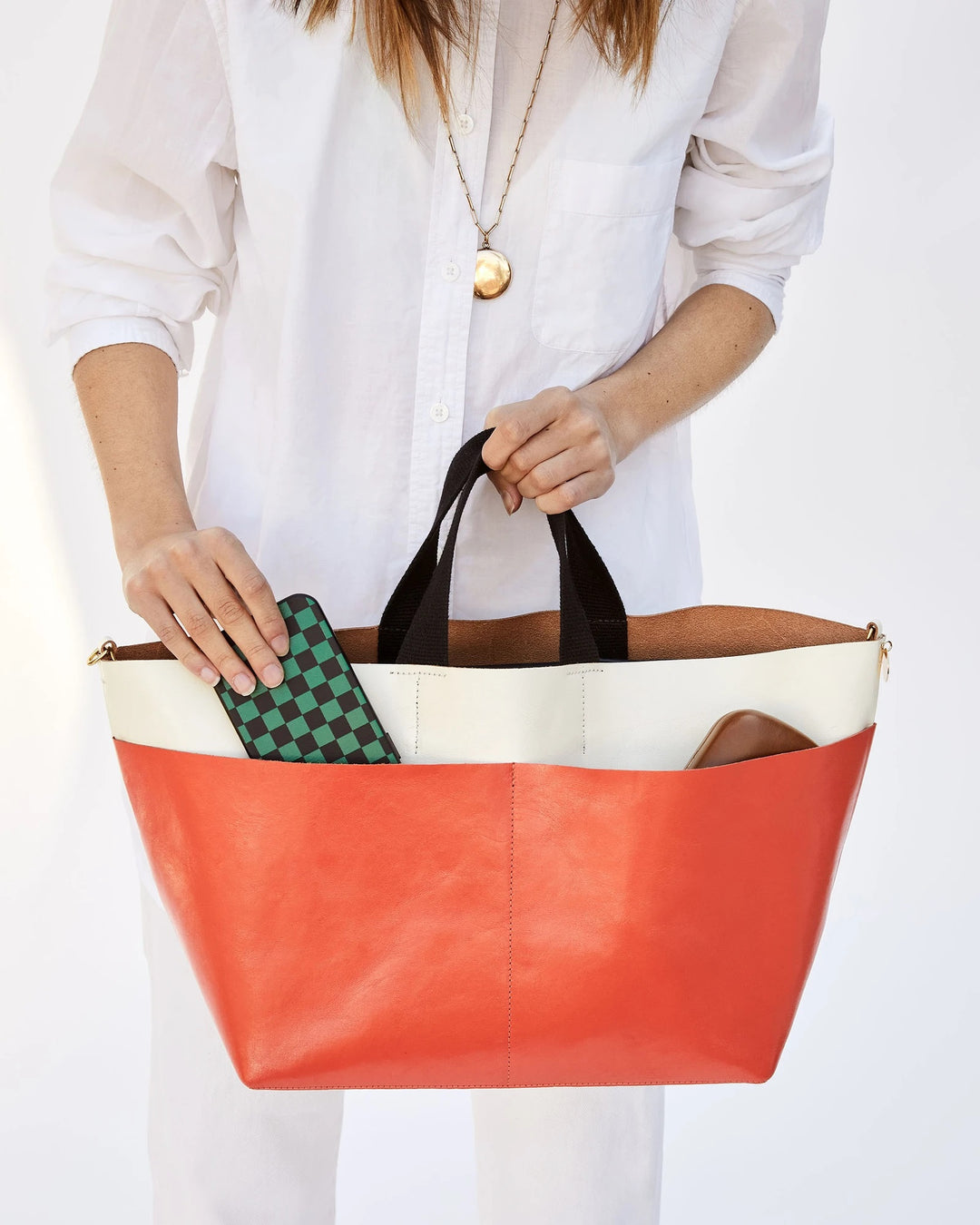 Clare V. - Poche Bateau Tote in White & Blood Orange Rustic Navy Rustic Drop Pocket