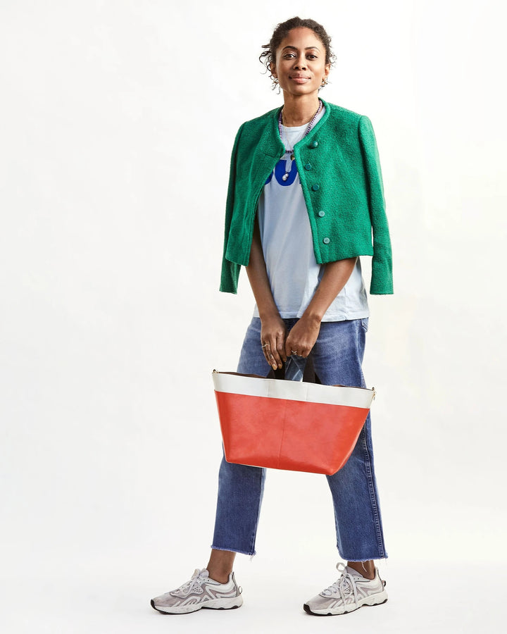 Clare V. - Poche Bateau Tote in White & Blood Orange Rustic Navy Rustic Drop Pocket Accessories