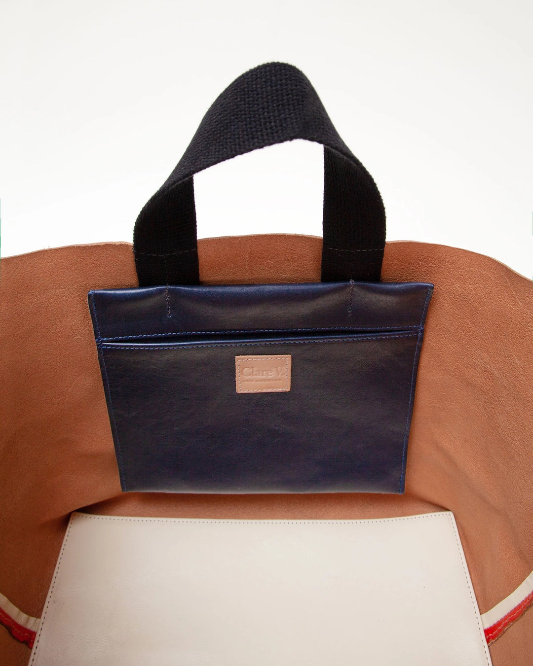 Clare V. - Poche Bateau Tote in White & Blood Orange Rustic Navy Rustic Drop Pocket