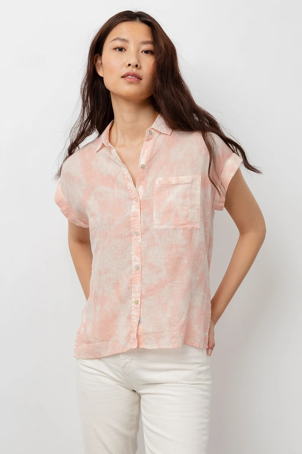 Rails - Whitney Button-Down Shirt in Peach Pink Tie Dye Tops