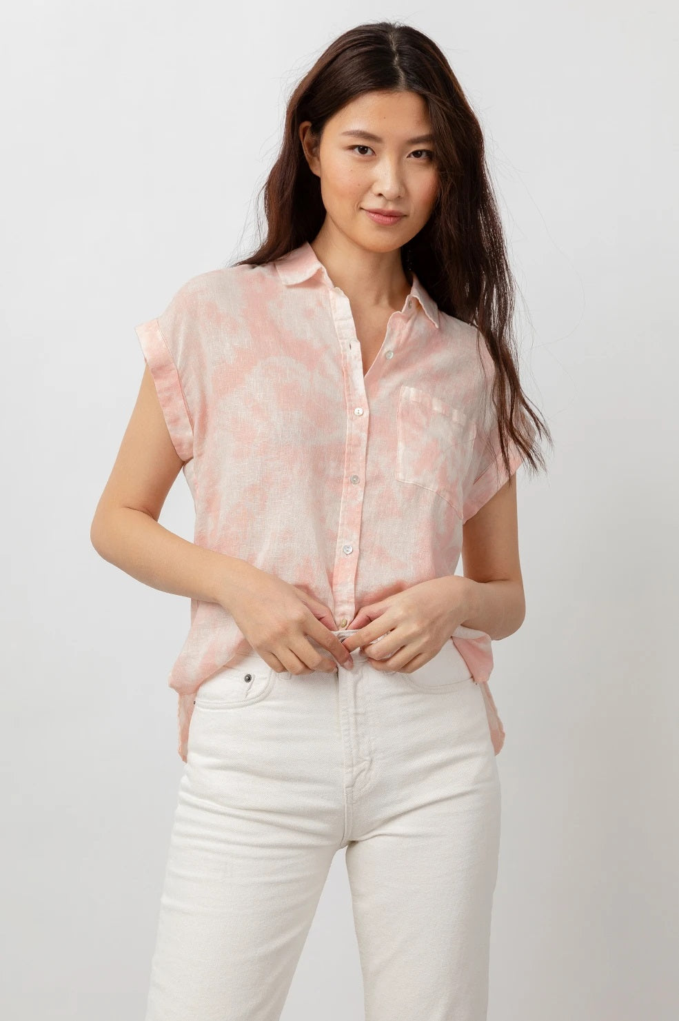 Rails - Whitney Button-Down Shirt in Peach Pink Tie Dye Tops