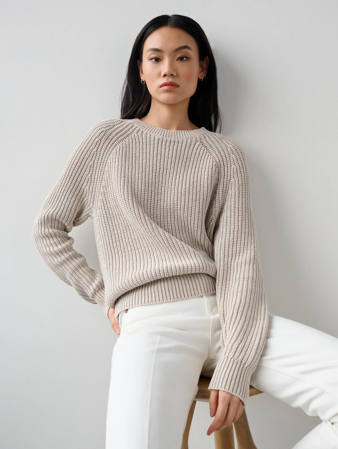 White + Warren - Cotton Tape Ribbed Crewneck in Sandstone Distress Sweaters