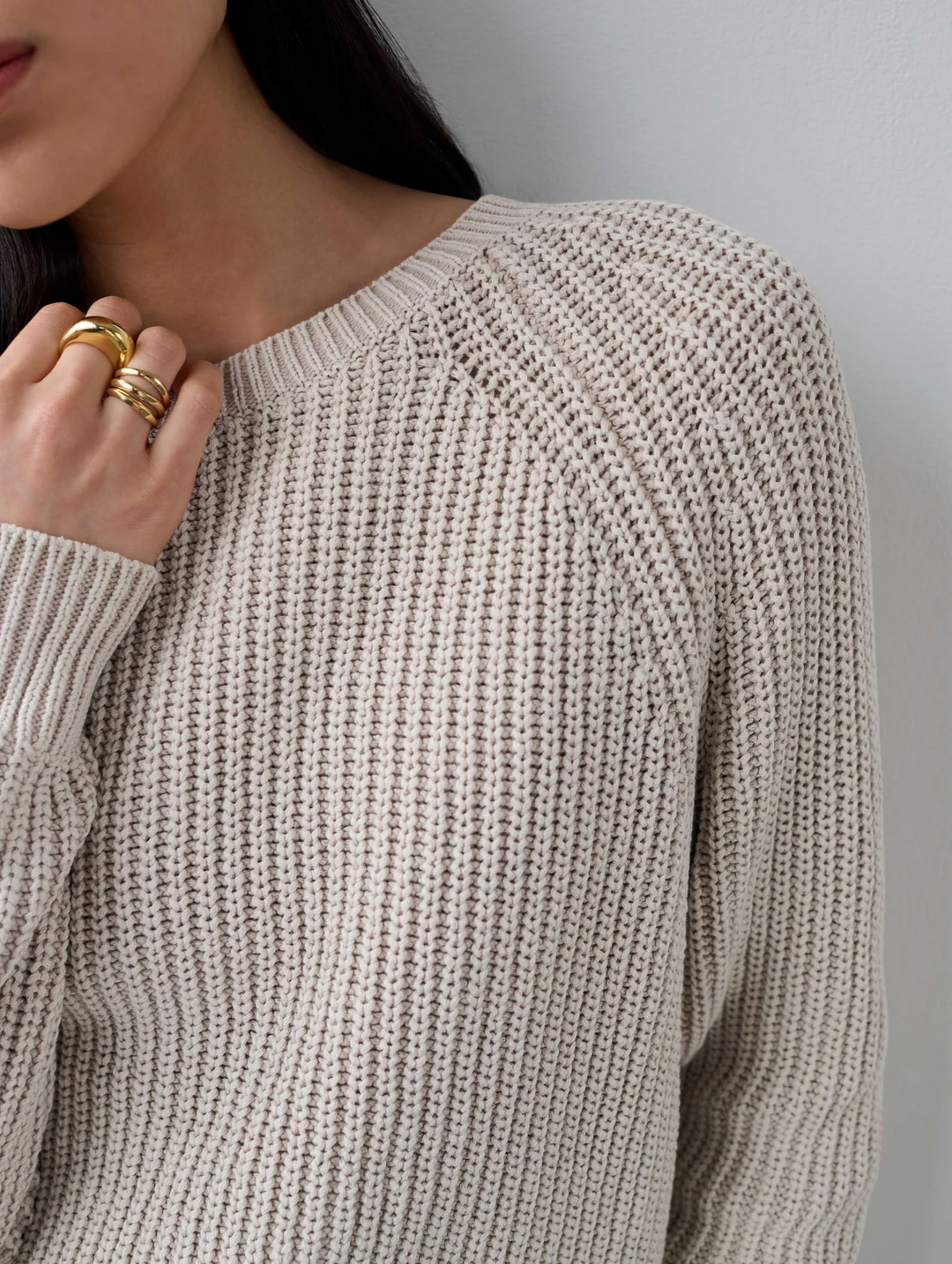 White + Warren - Cotton Tape Ribbed Crewneck in Sandstone Distress Sweaters