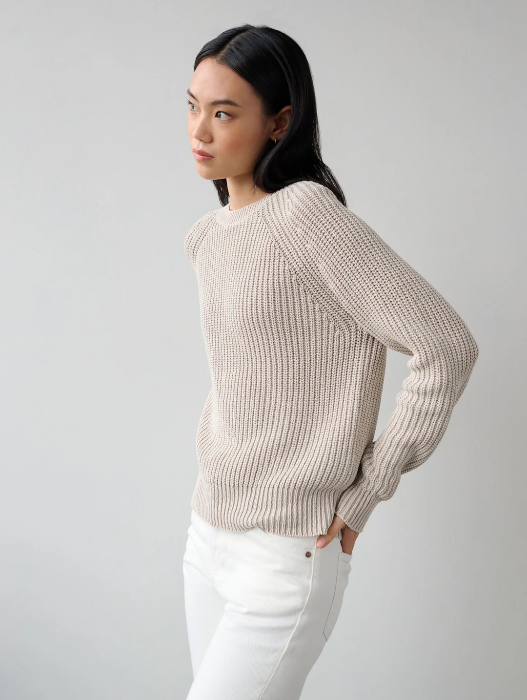 White + Warren - Cotton Tape Ribbed Crewneck in Sandstone Distress Sweaters