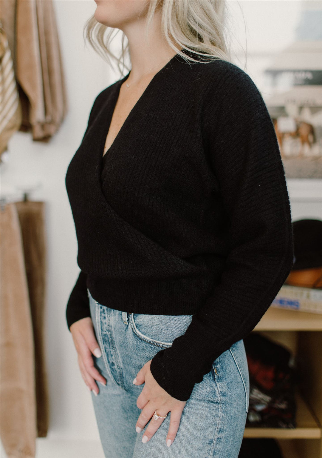 White + Warren - Cashmere Rib Stitch Wrap Top in Black