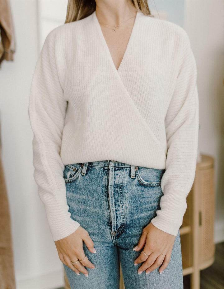 White + Warren - Cashmere Rib Stitch Wrap Top in Soft White