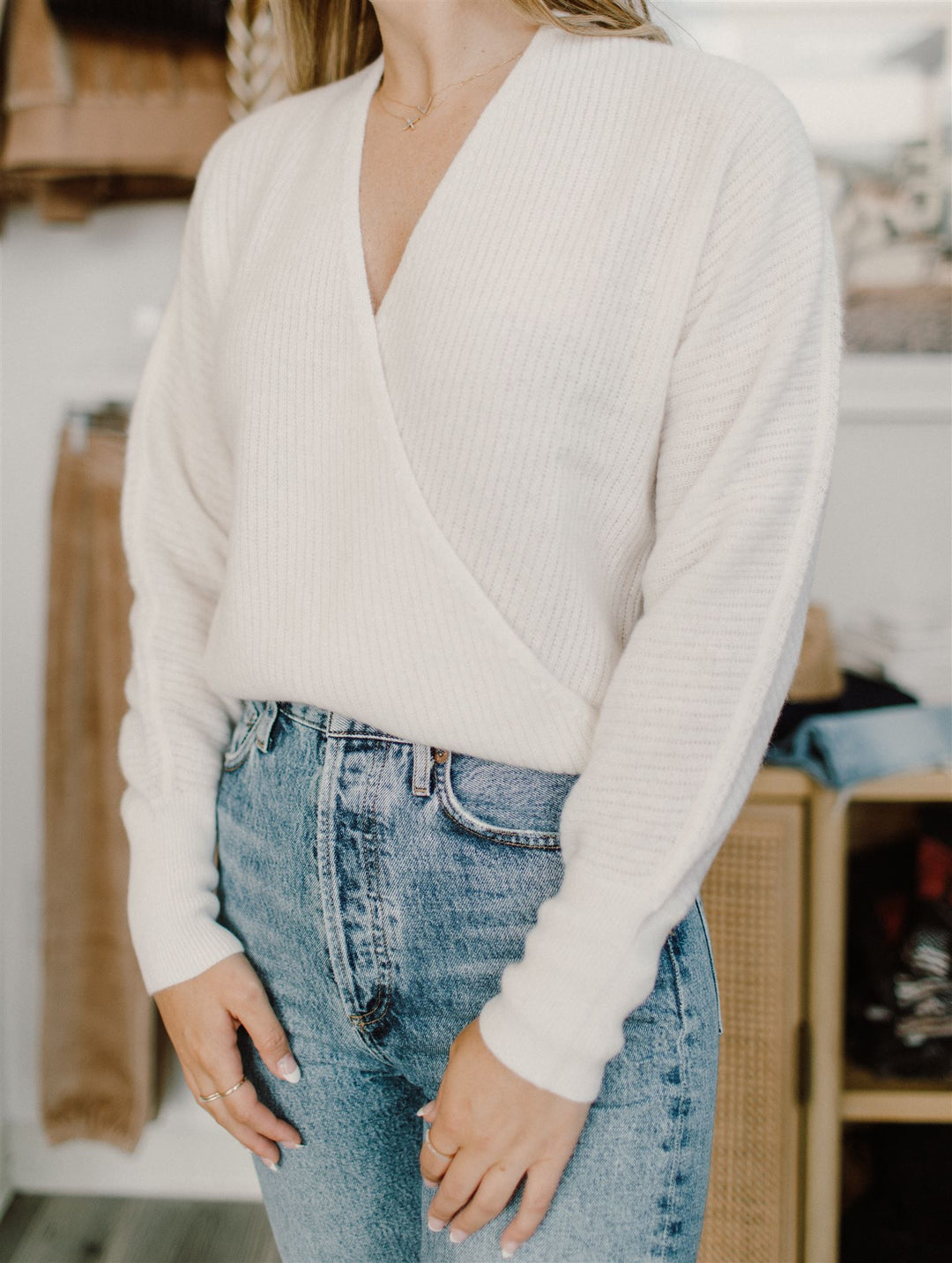 White + Warren - Cashmere Rib Stitch Wrap Top in Soft White