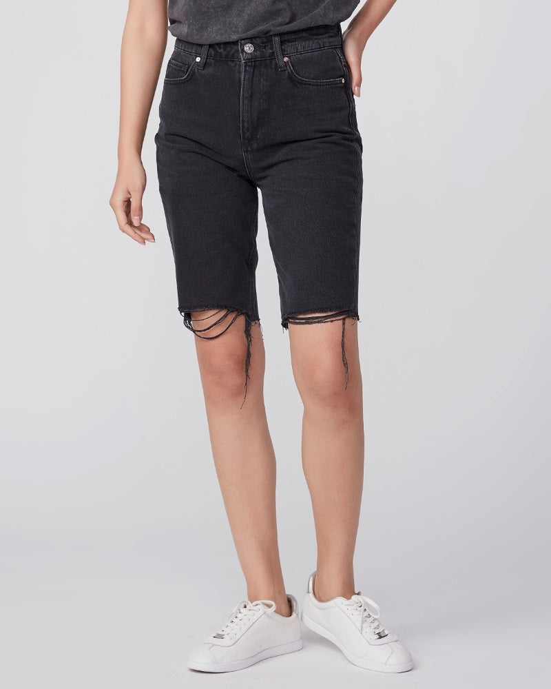 Paige Premium Denim - Robbie High Rise Short w/ Caballo Inseam + Raw Hem in Black Meadow w/ Stringy Hem