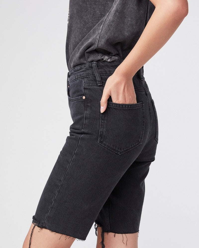 Paige Premium Denim - Robbie High Rise Short w/ Caballo Inseam + Raw Hem in Black Meadow w/ Stringy Hem