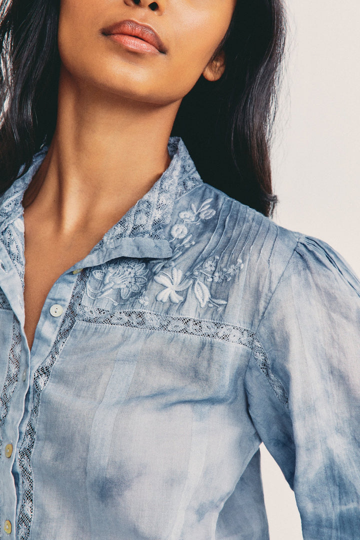 Love Shack Fancy - Ronda Top in Pacific Indigo Hand Dye Tops