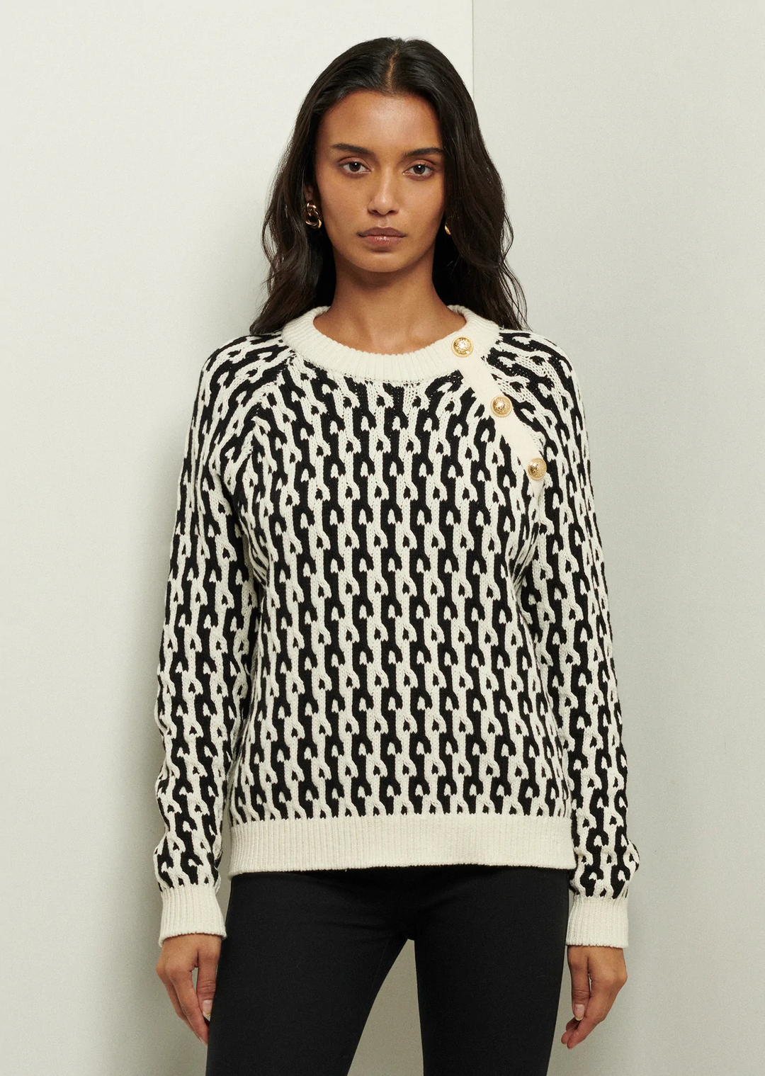 Derek Lam 10 Crosby - Sawyer L/S Button Crewneck In Black/Ivory