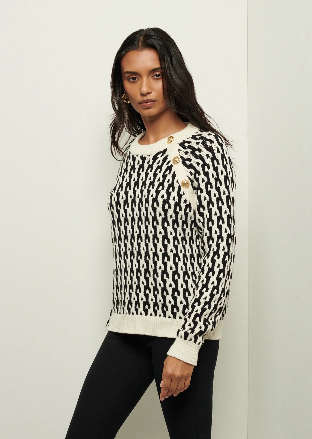 Derek Lam 10 Crosby - Sawyer L/S Button Crewneck In Black/Ivory
