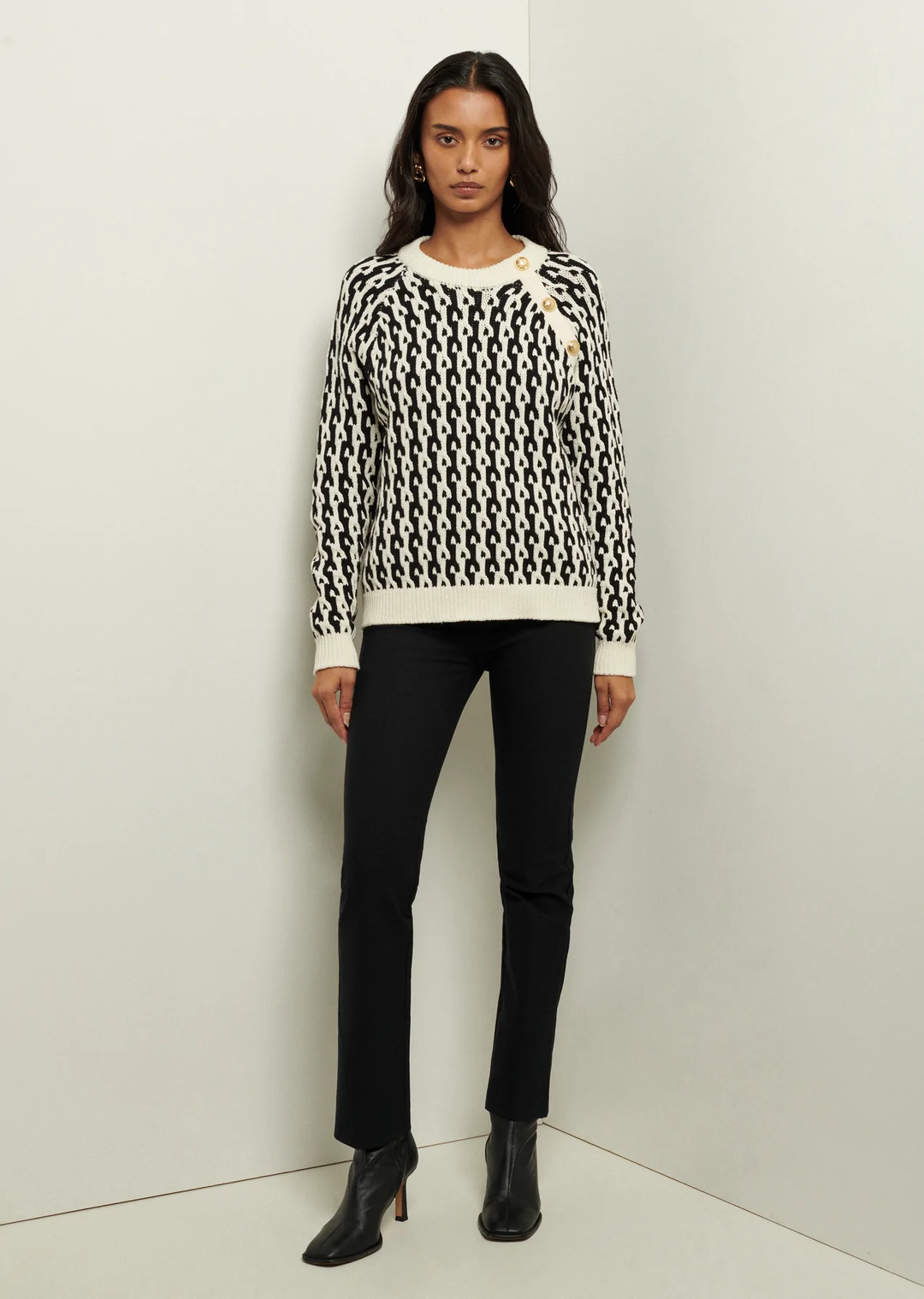 Derek Lam 10 Crosby - Sawyer L/S Button Crewneck In Black/Ivory