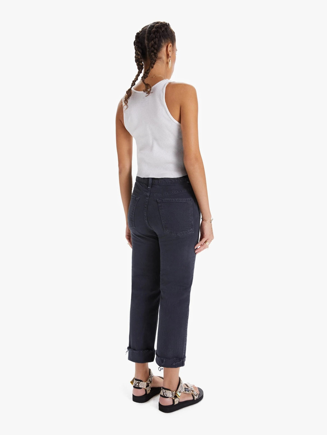 Mother - The Scrapper Cuff Ankle Fray in Faded Black