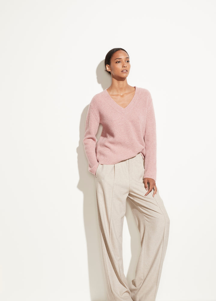 Vince - Shaker Rib V Neck Pullover in Heather Mauve