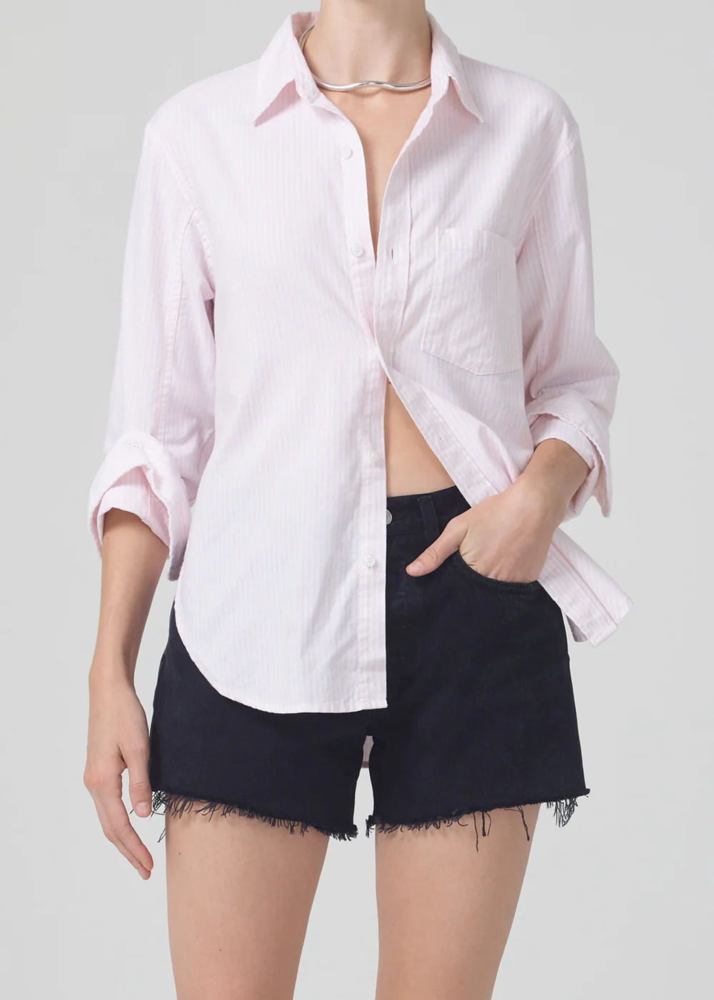 Citizens of Humanity - Shrunken Kayla Shirt in Oxford Guava Stripe
