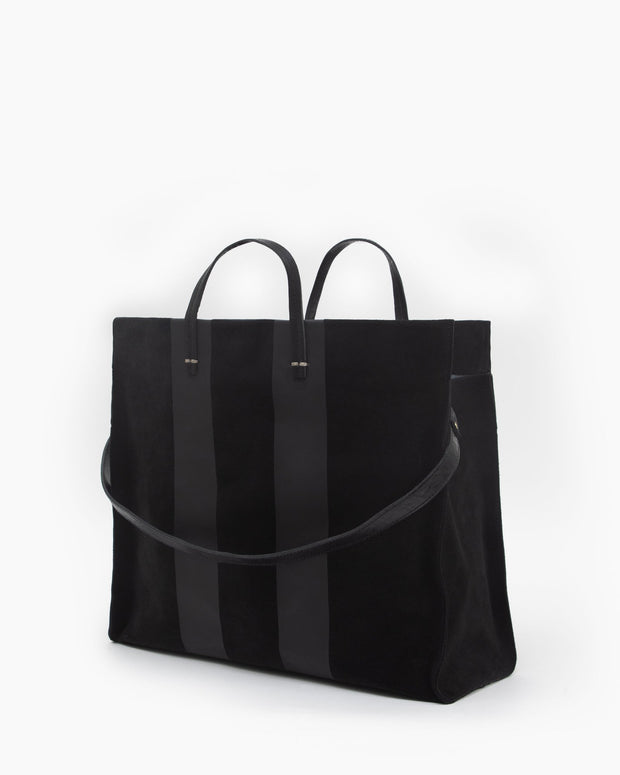 Clare V. - Simple Tote in Black Suede w/ Matte Black Racing Stripes