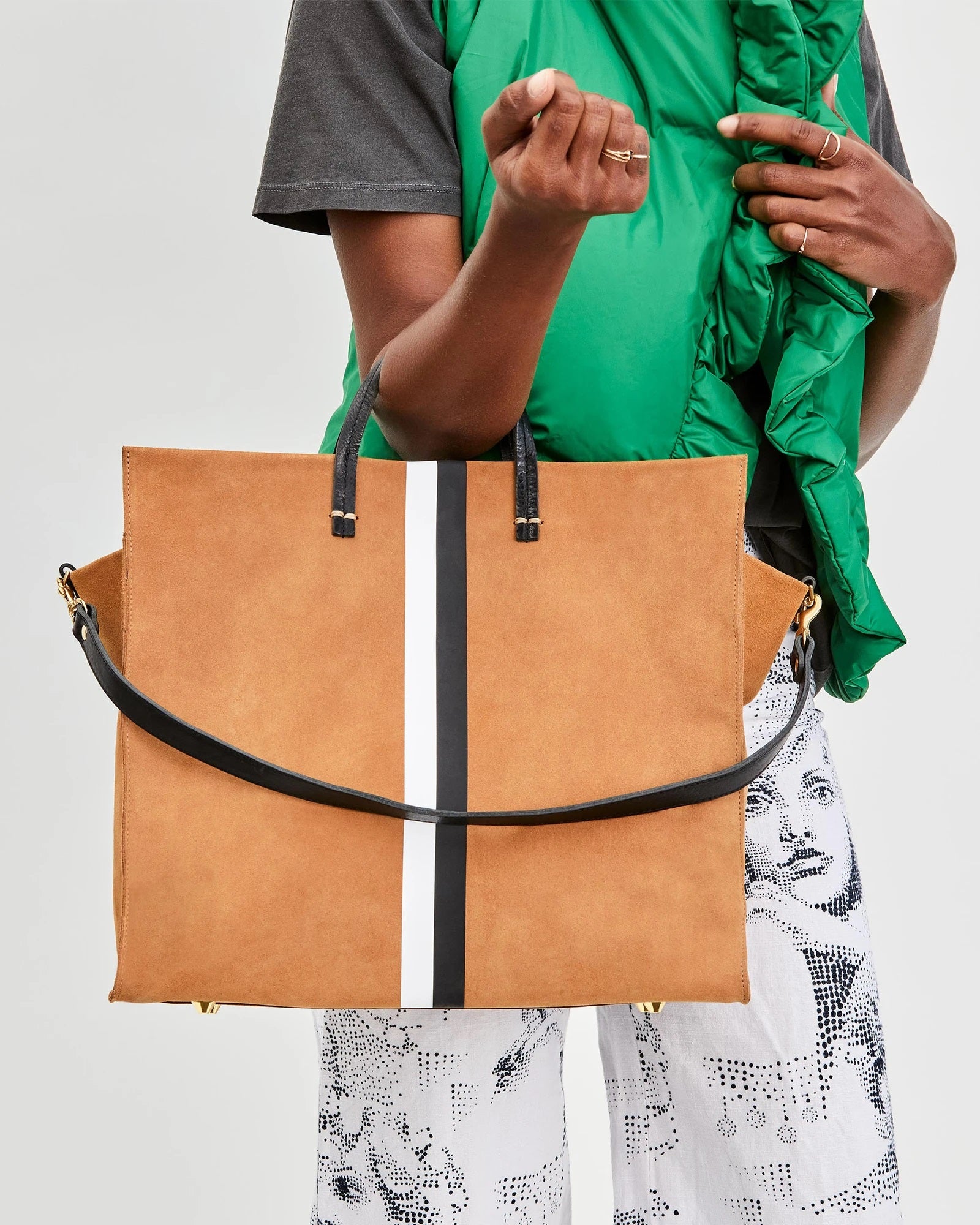 Clare V. - Simple Tote in Camel Suede w/ Black & White Stripes