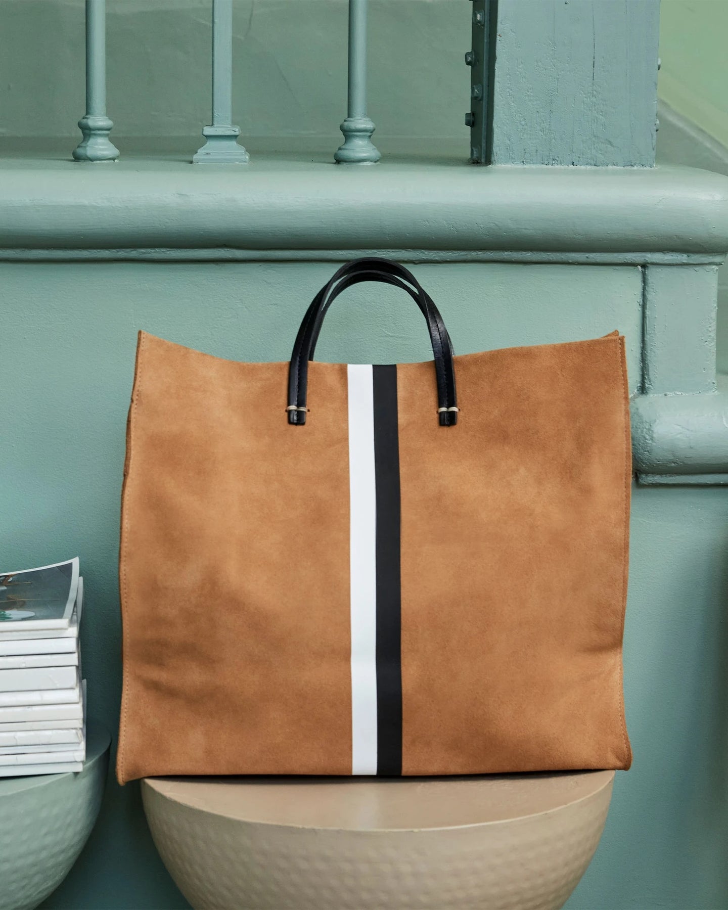 Clare V. - Simple Tote in Camel Suede w/ Black & White Stripes 