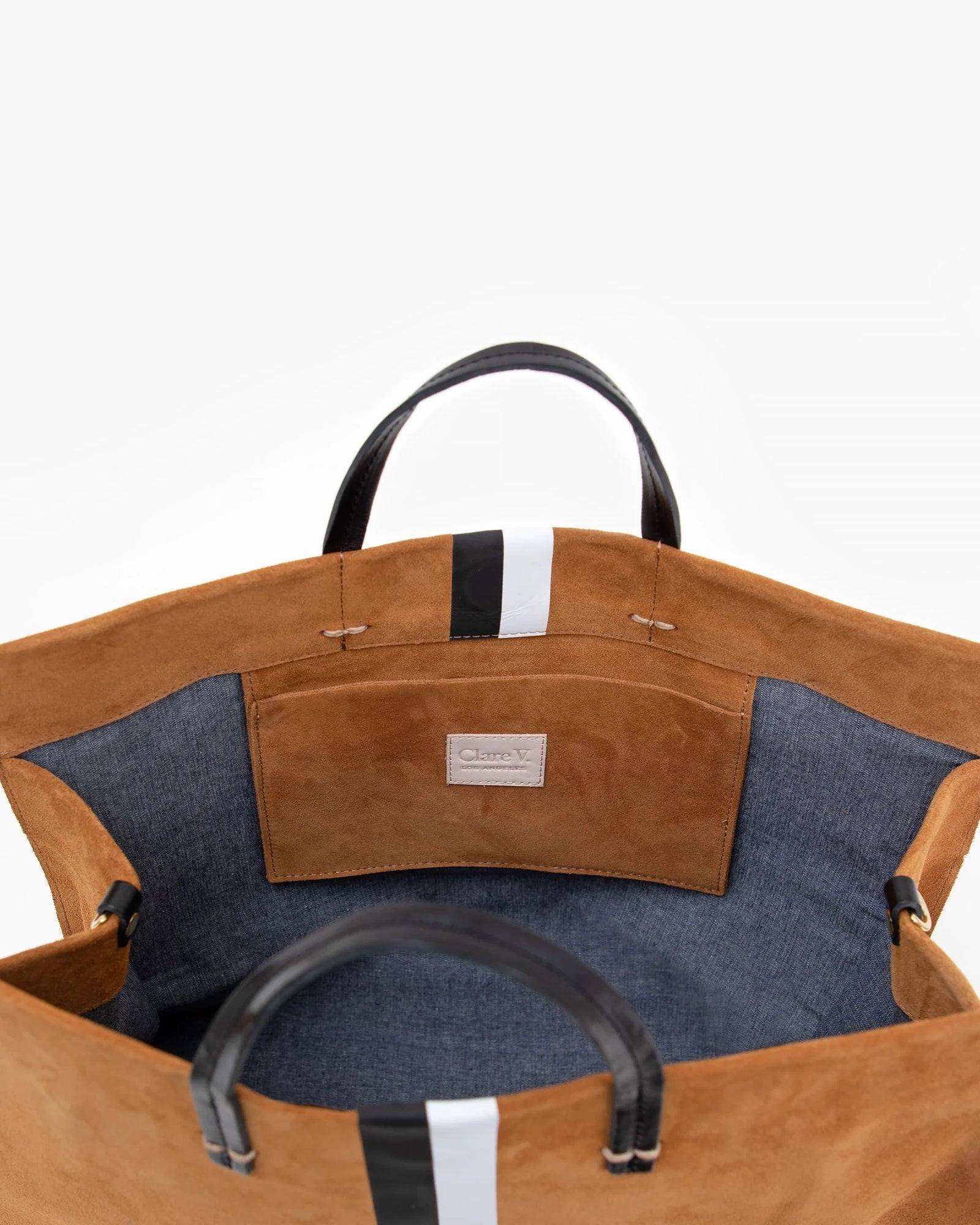 Clare V. - Simple Tote in Camel Suede w/ Black & White Stripes