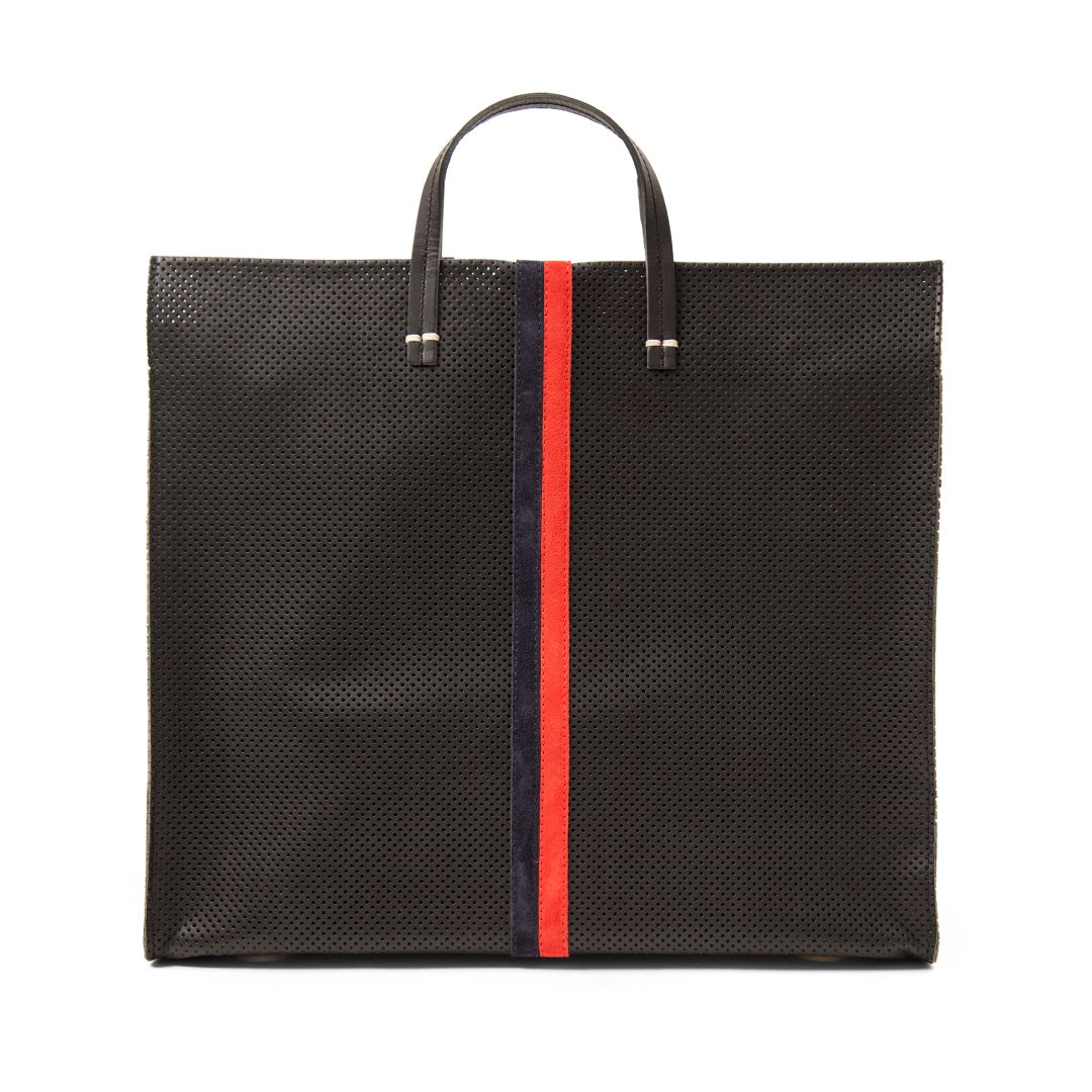 Clare V. - Simple Tote in Black Perf w/ Navy Suede & Red Veg Overlay Stripes