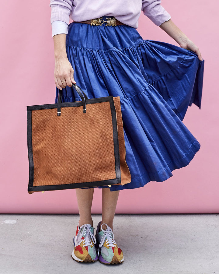 Clare V. - Simple Tote in Cognac Perf Suede w/ Black Neptune Border