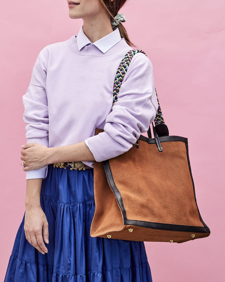 Clare V. - Simple Tote in Cognac Perf Suede w/ Black Neptune Border