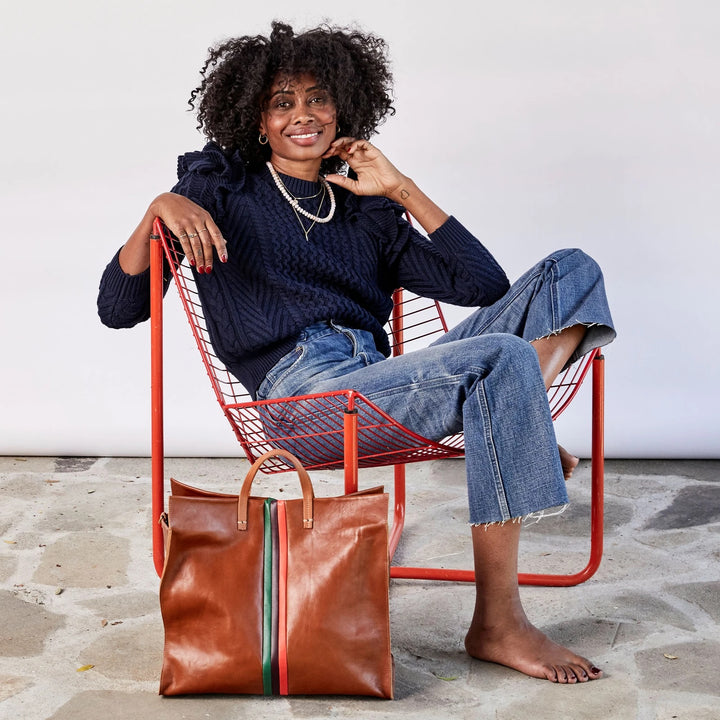 Clare V. - Simple Tote in Miel Rustic w/ Fern, Plum & Lipstick Italian Nappa Desert Stripes