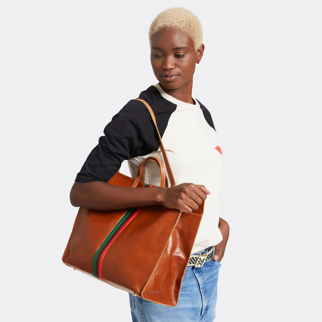 Clare V. - Simple Tote in Miel Rustic w/ Fern, Plum & Lipstick Italian Nappa Desert Stripes