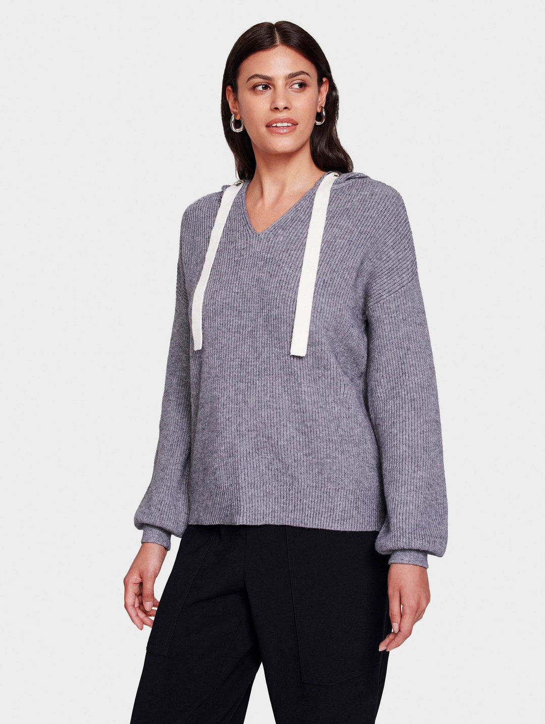 White + Warren - Relaxed Rib Hoodie Sweater in Gravel/Ivory