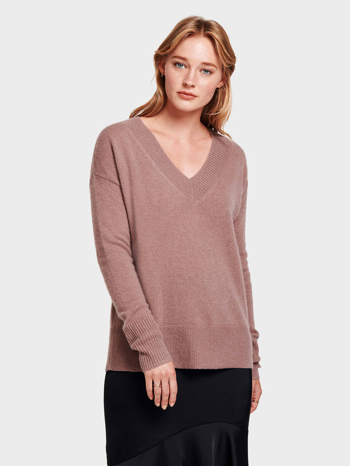 White + Warren - Wide Rib Slouchy V Neck in Smoky Quartz Heather