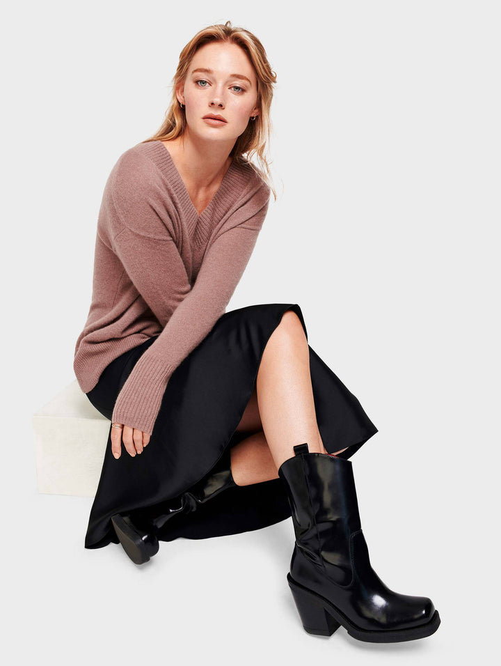 White + Warren - Wide Rib Slouchy V Neck in Smoky Quartz Heather