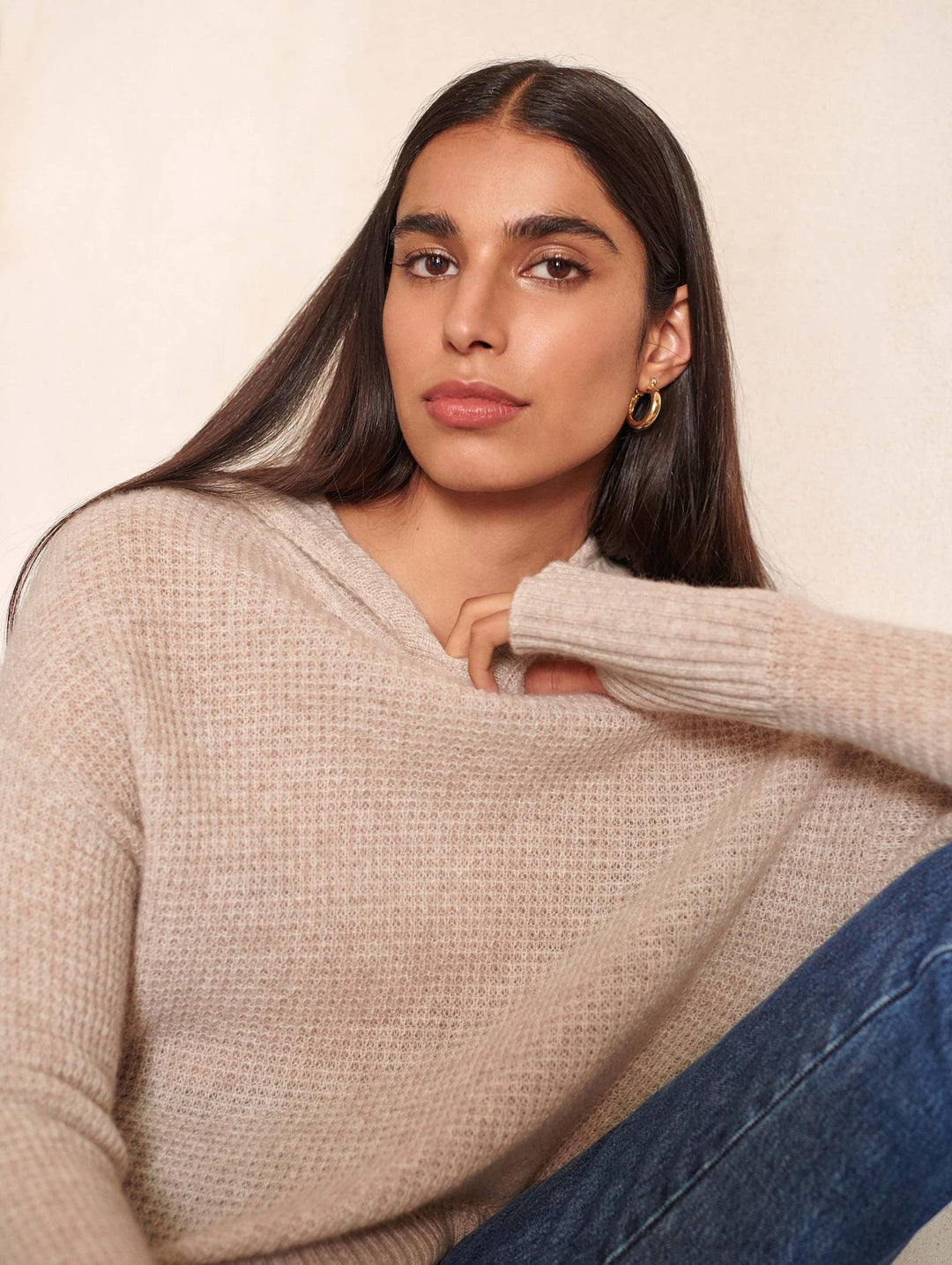 White + Warren - Oversized Waffle Hoodie in Sand Whisp