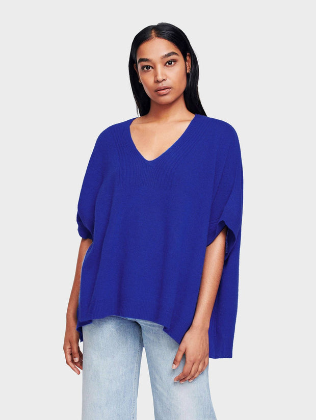 White + Warren - Rib Trim Poncho in Casa Blue