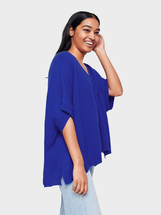 White + Warren - Rib Trim Poncho in Casa Blue