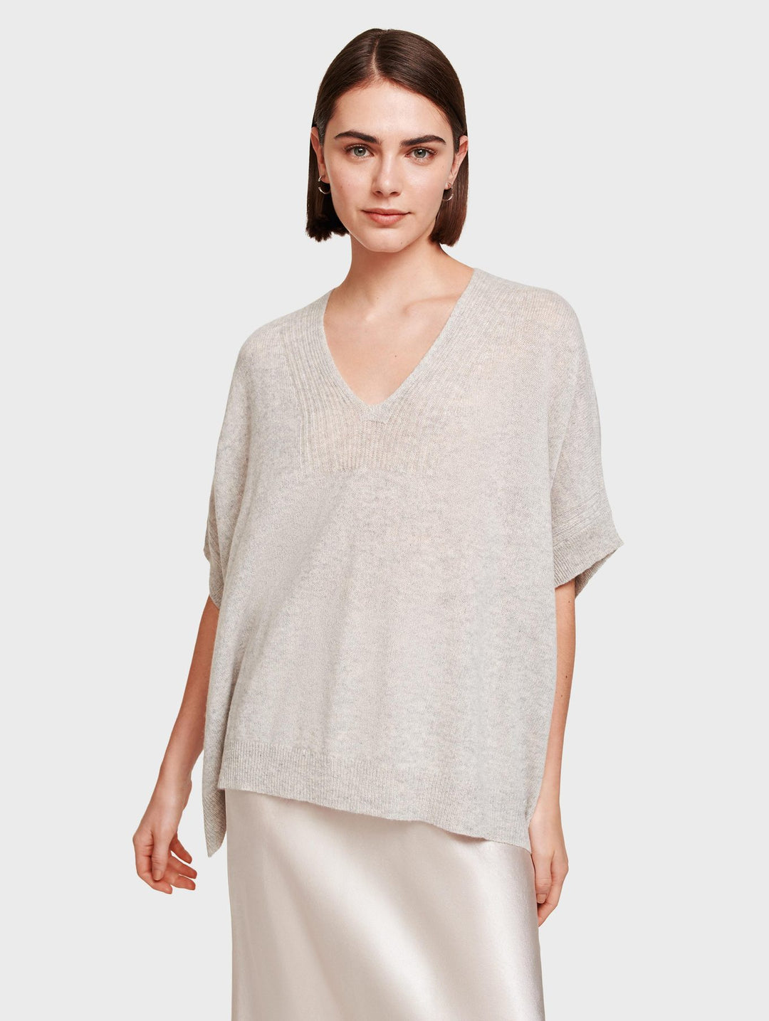 White + Warren - Rib Trim Poncho in Misty Grey Heather