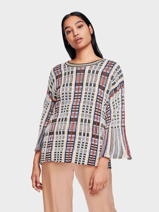 White + Warren - Plaid Flare Sleeve Crewneck Blouse in Bright Multi