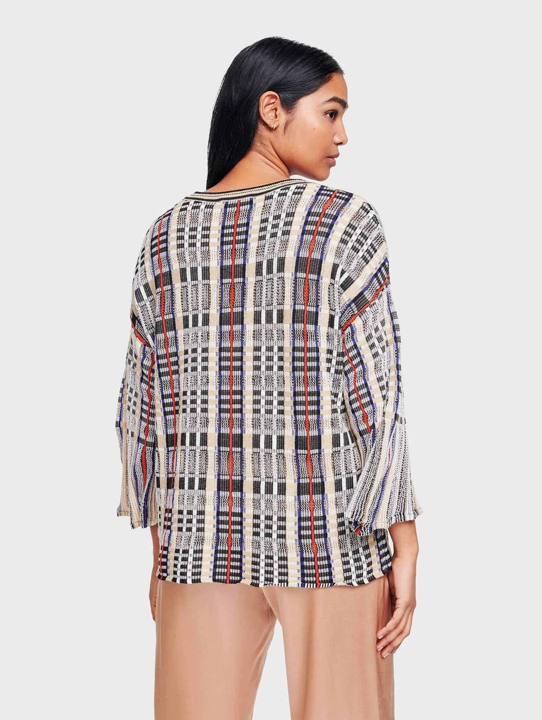 White + Warren - Plaid Flare Sleeve Crewneck Blouse in Bright Multi