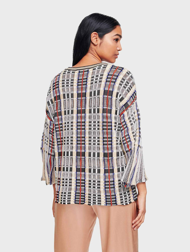 White + Warren - Plaid Flare Sleeve Crewneck Blouse in Bright Multi