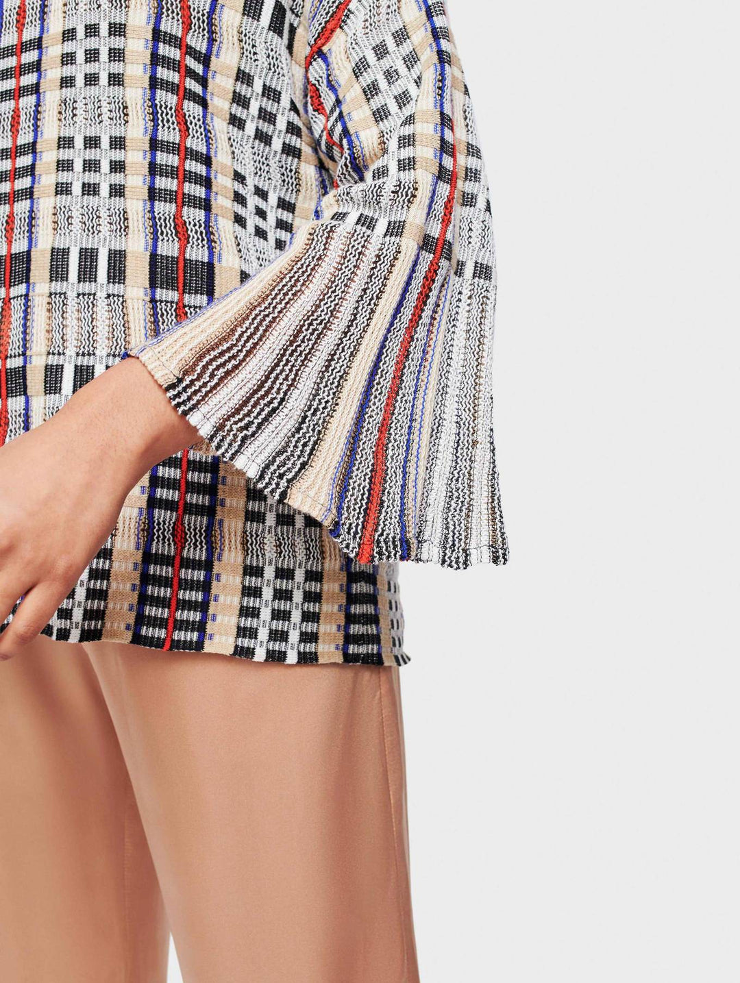 White + Warren - Plaid Flare Sleeve Crewneck Blouse in Bright Multi